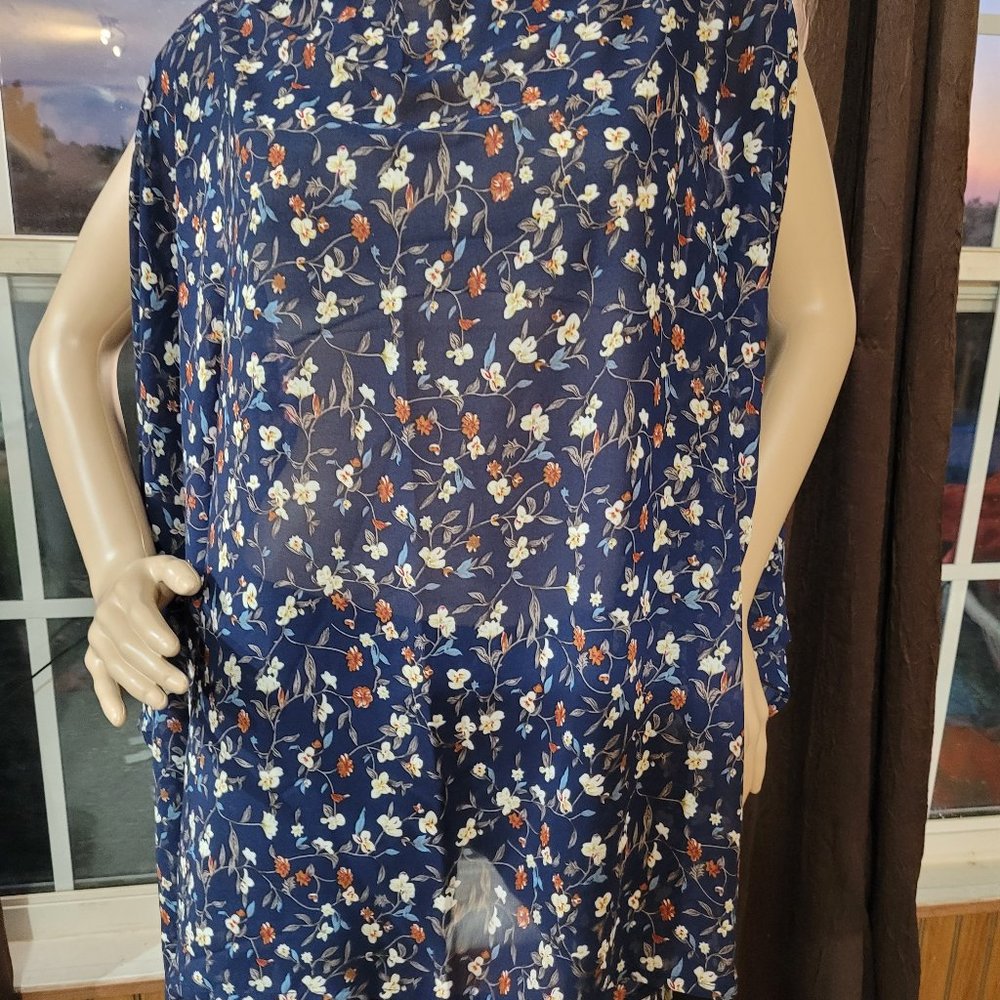 Navy floral sheer cape-sleeve poncho